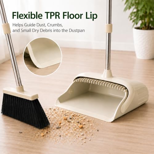 Image of Broom and Dustpan Set, 52-Inch Handle, Comb Teeth, Gray Yellow | Long handle broom set for home, kitchen, apartment andstorage