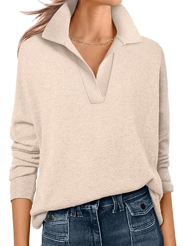 ANRABESS Womens Polo V Neck Long Sleeve Sweaters Lightweight Dressy Casual Business Basic Knit Pullover Top 2025 Fall Outfits Almond Medium