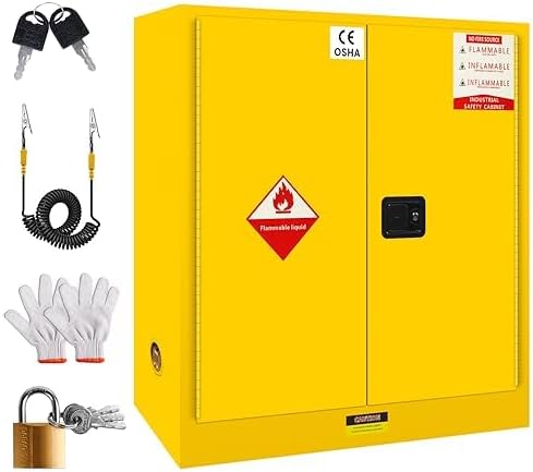 Heavy Duty 45 Gallon Flammable Cabinet Yellow, Manual Safety Storage Box for Hazardous Materials, Welded Steel Locker with Adjustable Shelves (44" H x43 W x18 D)