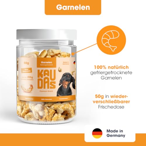 KAUDAS GarnelePur Natursnack – 3 x 50 g gefriergetrocknetes Garnelen Leckerli Hund mit hohem Proteingehalt, 100% natürlicher Hundesnack je 455g Rohgewicht – ohne Zucker, Getreide & Zusatzstoffe