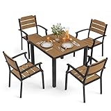 Cozyman HDPS Patio Table and Chairs Set, 5 Piece Square Table Patio Furniture Set, HDPS All-Weather Material Outdoor Dining Table and Chair,Outdoor Furniture Set with Umbrella Hole, Brown-Oil Printed