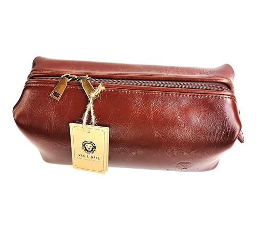 MAN & MANE Premium Leather Toiletry Bag for Men & Women – Classic Dopp Kit Travel Shaving Bag (Cognac Brown)2