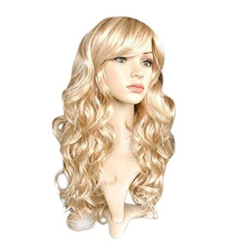 RightOn 22'' Beautiful Long Curly Wavy Wig Slanting Bangs with Free Wig Cap and Comb (Mixed Golden)