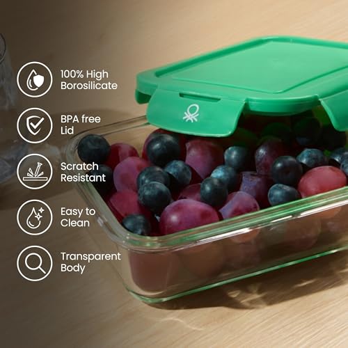 Image of United Colors of Benetton 1180 ML Borosilicate Glass Food Storage Container with Airtight Green Lid - Leakproof, Microwave, Oven, Freezer & Dishwasher Safe - Durable & Reusable Lunch /Dinner Box