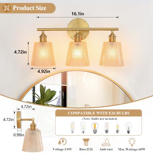 Image of Bathroom Light Fixtures, 3-Light Gold Bathroom Vanity Lights Over Mirror