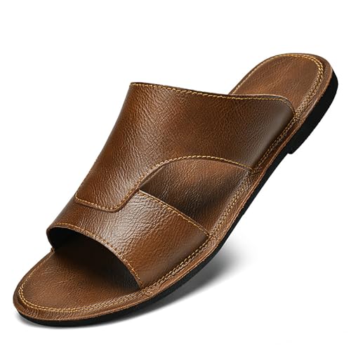 Image of Men's Leather Cutout Slides Sandals Comfortable Lightweight Open Toe Anti-Slip Soft Bottom Slip On Slippers Summer Outdoor Casual Beach Sandals