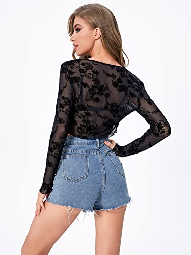 SOLY HUX Women's Long Sleeve Floral Lace Cropped Cardigan Mesh Sheer Tie Front Y2K Crop Tops 2023 Fashion3
