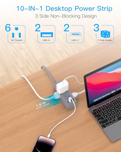 Image of 5Ft Extension Cord with Multiple Outlets, Flat Plug Power Strip Surge Protector with 5 Ft Long Cord, 6 Outlet 4 USB Ports (2 USB C), Multi Outlet Wall Plug for College, Dorm Room Essentials(Grey)