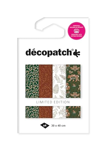 Décopatch TD925C - Assortiment de 4 papiers Foil avec dorure à chaud - papier déco Noël - Forest Nature