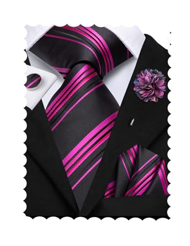 Image of Hi-Tie Black Rose Mens Ties and Flower Lapel Pin Set Silk Striped Tie Pocket Square Cufflink Set 4PC Necktie for Business