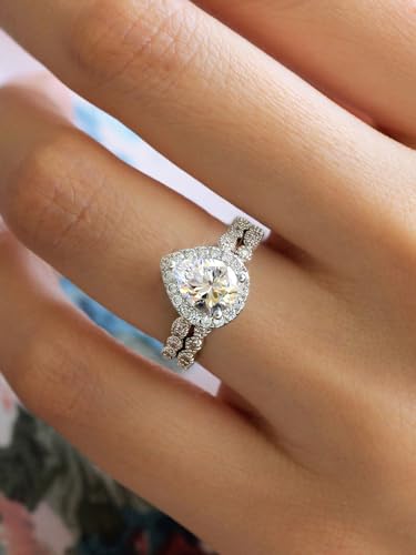 2Pc Set White Gold Single Row & Water Drop Rings Set Elegant For Women Dating Party Copper Ring Anniversary Occasion Exquisite Women's Jewelry Gift