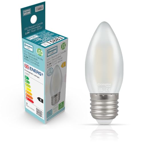 Crompton Lamps Filament Candle LED Light Bulb ES-E27 | 2.2W = 25W Equivalent | Cool White 4000K | Energy Efficient | Edison Screw Lightbulb | Long Life 15000-Hrs | Pearl Glass