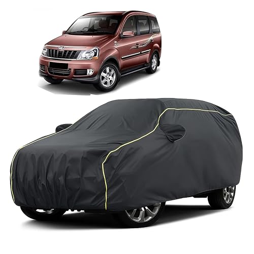 Image of Sulfar 100% Water Resistant Car Body Cover Compatible with Mirror for Mahindra Xylo (Triple Stitched, Full Bottom Elastic, Dark Grey Taffeta with Yellow Piping)