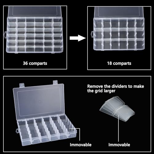 Image of YAYODS 6 Pack 36 Grids Clear Plastic Organizer Box with Adjustable Dividers, Bead Storage Organizer Containers Compartment Clear Tackle Box for Art DIY, Crafts, Jewelry, Sewing, Small Items
