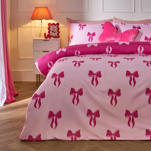 OHS Bow Print Double Duvet Set for Women Super Soft Warm Cosy Bow Bedding Comfy Microfibre Reversible Girls Bedding with Pillowcases Red/Hot Pink