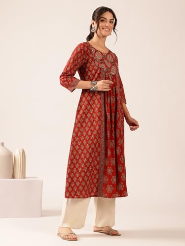 Image of Vbuyz Women's Floral Print A-Line Cotton Stitched Kurta