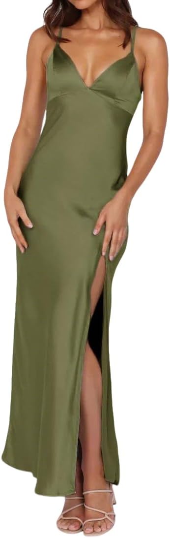 Summer Satin Spaghetti Strap Backless Maxi Dress for Women Formal Silk Tie Back Wedding Guest Dress with Slit