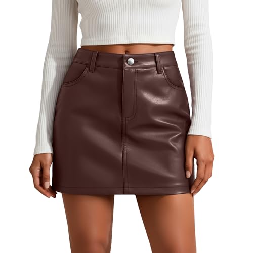 Oakgarden Women's Faux Leather Mini Skirt with Pockets, High Waisted Bodycon Stretch Zipper Button Fitted A-Line Party Skirt(Dark Brown,Small)