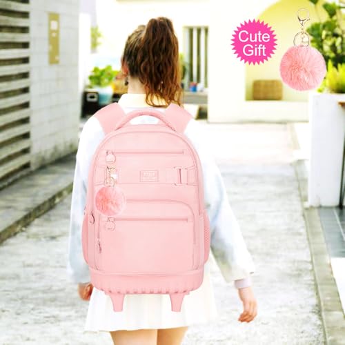 3Pcs Rolling Backpack for Girls Women, 19 Inche School Roller Backpacks with Wheels, Adults Wheeled Bookbag with Lunch Box(Pink)2