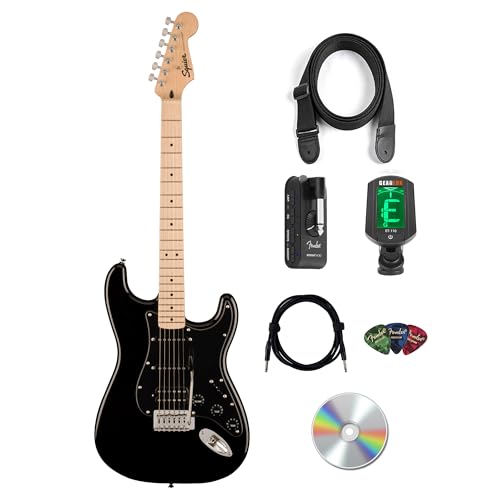 Image of Fender Squier Sonic Stratocaster HSS - Black Bundle with Mustang Micro Headphone Amplifier, Instrument Cable, Tuner, Strap, Picks, and Austin Bazaar Instructional DVD