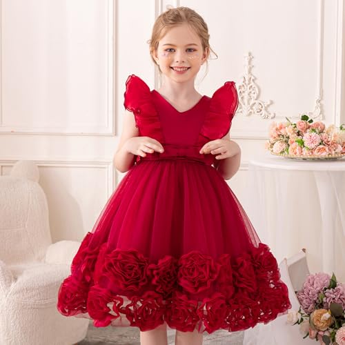 Sleeveless Tulle Dress for Girls, Featuring Delicate 3D Floral Embroidery and The V-Neck Design for Weddings2