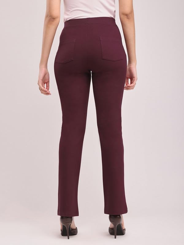 Image of FableStreet Women's Bootcut Stretch Livin Trousers | Nylon Rayon with Mid-Rise Waist | Solid Pattern & Plain Weave Fabric | Office Wear & Business Meetings