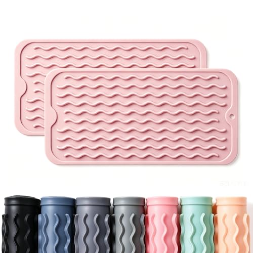 Image of 2 Pack Caketime Silicone Dish Drying Mat for Kitchen Counter Under Sink Storage Near Bathroom Faucet Heat Resistant Pad for Stove Top Placemats Soap Holder Stone Dryer Organizer 12 inchx6 inch Pink