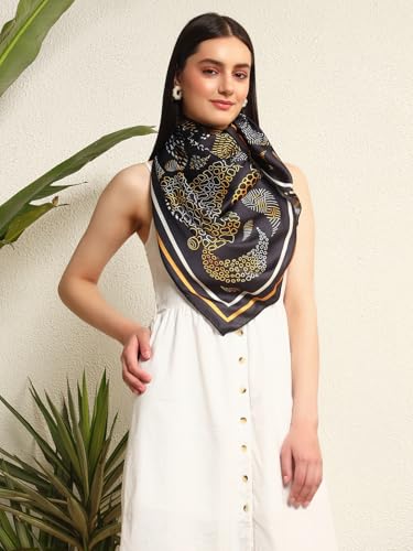 Image of Ravaiyaa - Attitude is everything Women Silk Digital Print Large Square Scarf Breathable Lightweight Neckerchief Printed Headscarf 40 inch x 40 inch Inch