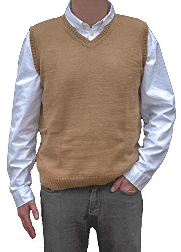 TINKUY PERU - Peruvian Alpaca Wool Mens Relax Fit Knit V-Neck Pullover Sweater Gilet Vest (Small, Camel)