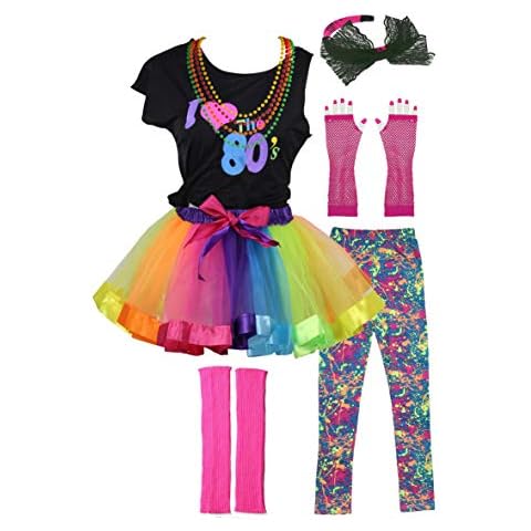 FUNDAISY 80s Girl T-Shirt and Leggings Tutu Skirt Complete 1980s Costume Accessories Set (10-12 Years, Rainbow) Cover