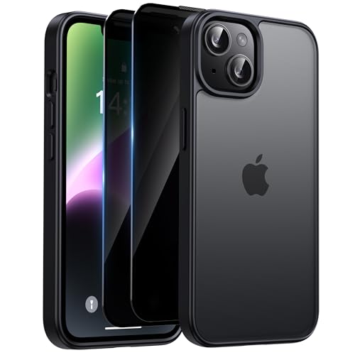 HeIssitot Matt Handyhülle für iPhone 13/iPhone 14 Hülle und 2 Stück Sichtschutz Schutzfolie, [Militärstandard] Durchscheinende PC Rückseite TPU Bumper Schutzhülle, Schwarz