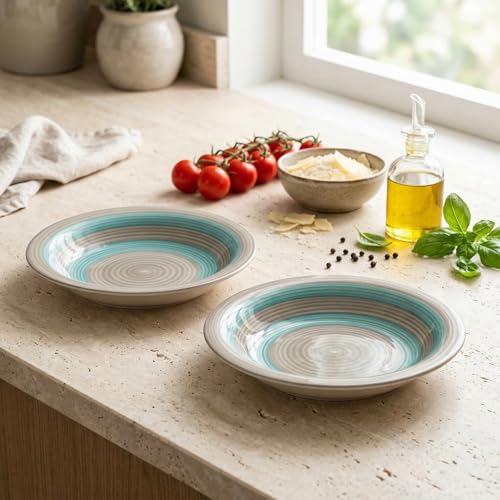 Image of Ceramic Pasta Bowls Set of 2 | 7 Inch Handmade Deep Soup Plates | Microwave Oven Safe Serving Bowls | Floral Hand-Painted Stoneware Salad Bowls (2, Turquoise & Grey)