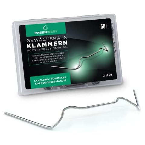 RASENWERK® - Gewächshausklammern aus 304 Edelstahl (rostfrei) - 50 Stück - Gewächshausklemmen mit hoher Spannkraft - Montageklammern für Glashaus - Gewächshaus Zubehör - 95 x 40 mm - 1,6 mm Dicke Cover