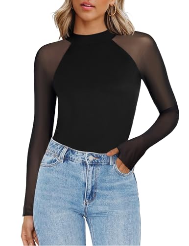 Zeagoo Long Sleeve Shirts for Women Floral Mesh Sheer Top Mock Neck Double Lined Fitted Going Out Blouses