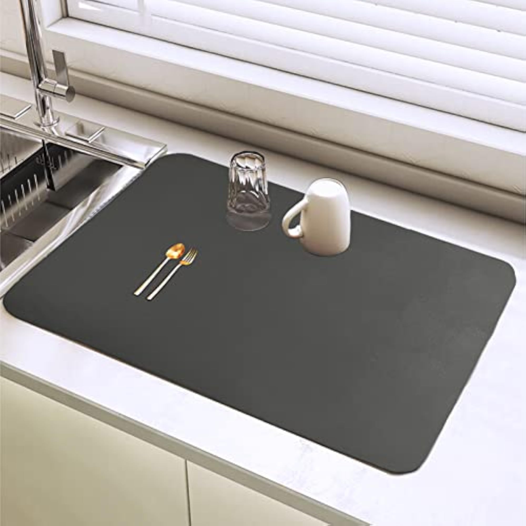 Absorbent Dark Gray Dish Drying Mat, 16"x12"