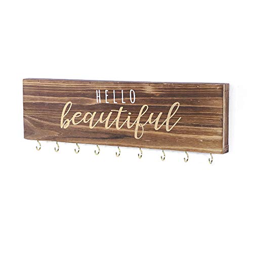 SANY DAYO HOME Jewelry Holder Wall Mounted Rustic Wood Organizer with 9 Metal