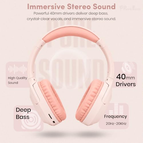 Image of PunnkFunnk BeatXtra Lite Premium Wireless Bluetooth Headphones V5.3, Over Ear Stereo Headset with Built-in Microphone, 40mm Drivers, AUX Mode, Comfortable Cushions, Up to 250 Hours Standby (Pink)