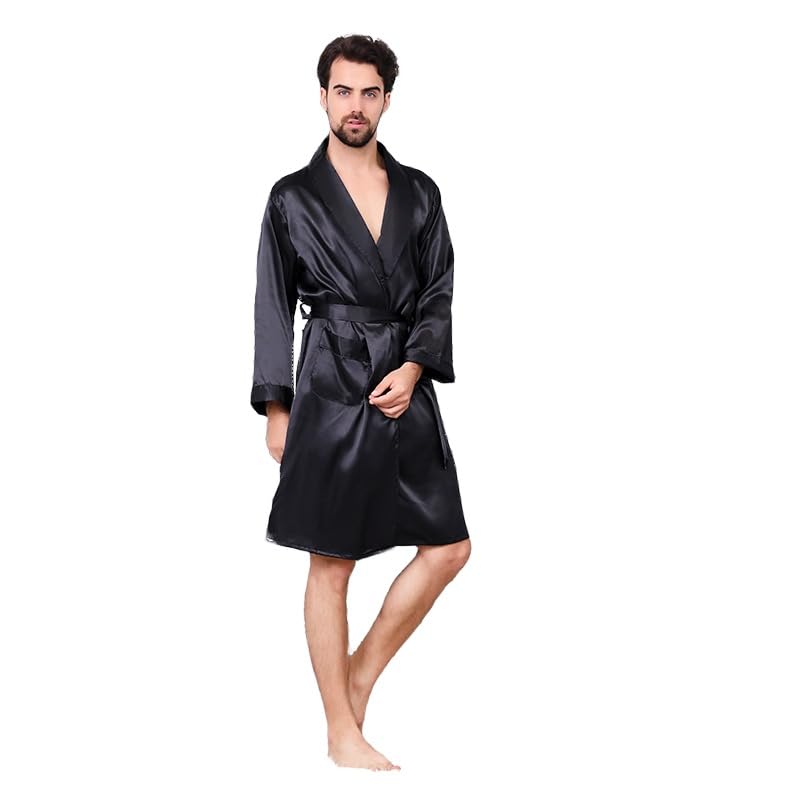 Shanghai Story Men's Satin Robe Lightweight Long Sleeve Silk Kimono Bathrobe with Shorts Set Sleepwear