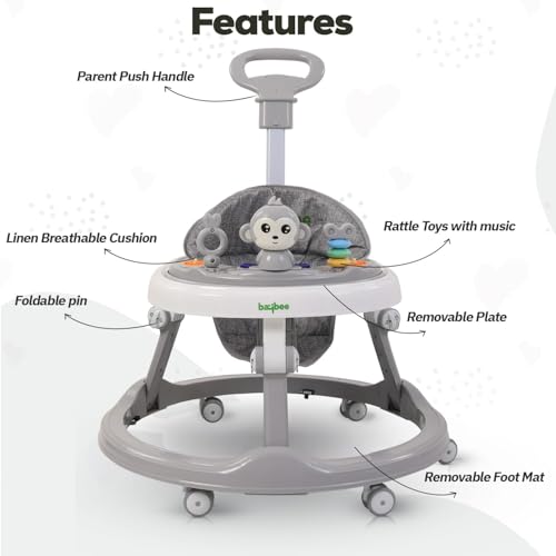 Image of Baybee Drono Pro Baby Walker for Kids with Push Handle, 4-Level Height Adjustment, Musical Toy Bar| Round Activity Walker for Babies 6-18 Months (Grey)