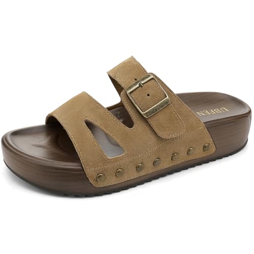 Image of UBFEN Womens Platform Slide Sandals | Real Leather,Buckle Sandals with Cushioned Flatform Footbed,Comfortable for Walking,Arch Support,Casual Styling