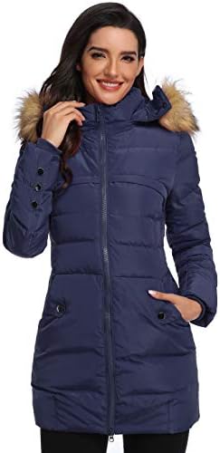 Epsion Women's Hooded Thickened Long Down Jacket Winter Down Parka Puffer Jacket (Navy blue, S)