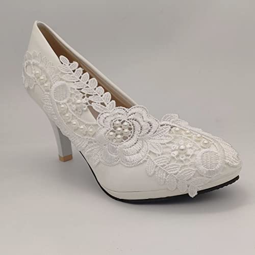 3” Lace Wedding Round Toe Bridal High Heel Wedding Party Shoes Women Gift White3