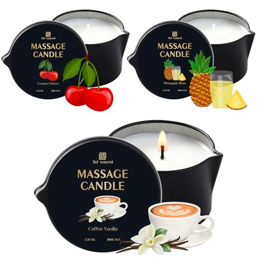 3 Pack Massage Oil Candles 2.35oz Low Temp Massage Candles 3 Scent Spa Therapy Body Oil Home Gift for Relaxation, Couples, or Self-Care (2.35 oz, Cream Cherry, Coffee Vanilla, Pineapple Rum)