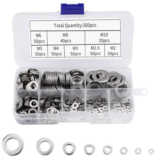 Image of Serplex 360Pcs 304 Stainless Steel Flat Washers for Screws Bolts, Fender Washers Assortment Set, Assorted Hardware Lock Metal Washers Kit 9 Sizes-M2 M2.5 M3 M4 M5 M6 M8 M10 for Home, Factories Repair