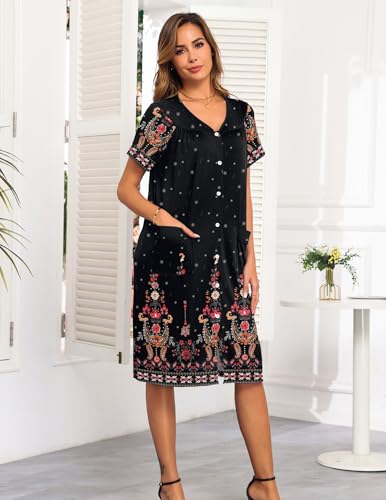 Image of Ekouaer House Dresses for Women with Pockets Button Down Nightgowns Plus Size Moo Moos Mumu Dresses Floral Print S-3XL