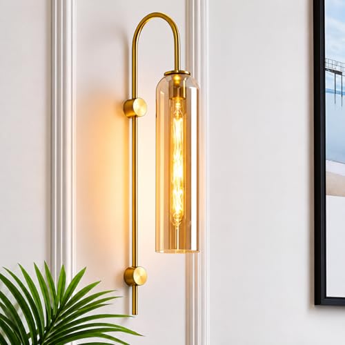 Image of Long Glass Wall Light with Modern Gold Finish Fixture Metal for Bedside, Bedroom, Living Room, Drawing Room, Passage, Show Peice, Home, Hotel, Bar, Cafe, with 30cm Long Bulb (Gold)