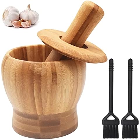 Mortar and Pestle Set,CHENKEE Manual Wooden Mortar Pestle Grinding Bowl Set Natural Wooden Garlic Masher Herb Household DIY Spice Grinder With 2 Cleaning Brushes for Spice Ginger Grass Garlic Seed Cover