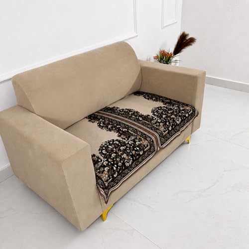 Image of Homerz Premium 'Maharaja Paradise Series' Sofa Cover | Net Fabric Sofa Cover | Washable, Anti-Dust Backed & Wrinkle Resistant Cover (Beige Empress, 2 Seater, Only Seat Cover)