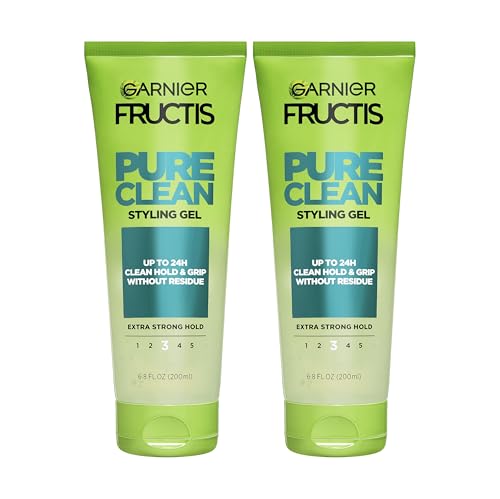Image of Garnier Fructis Pure Clean Styling Hair Gel, Extra Strong Hold for Up to 24HRs, Non-Flaking, Non-Sticky Formula with Aloe Extract, Made for All Hair Types, 6.8 fl oz, 2 Count (Packaging May Vary)