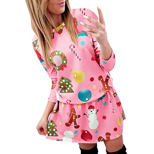 JURTEE Women's Christmas Balloon Snowman Print Dress Casual Xmas Long Sleeve Mini Dress(XL,Pink)